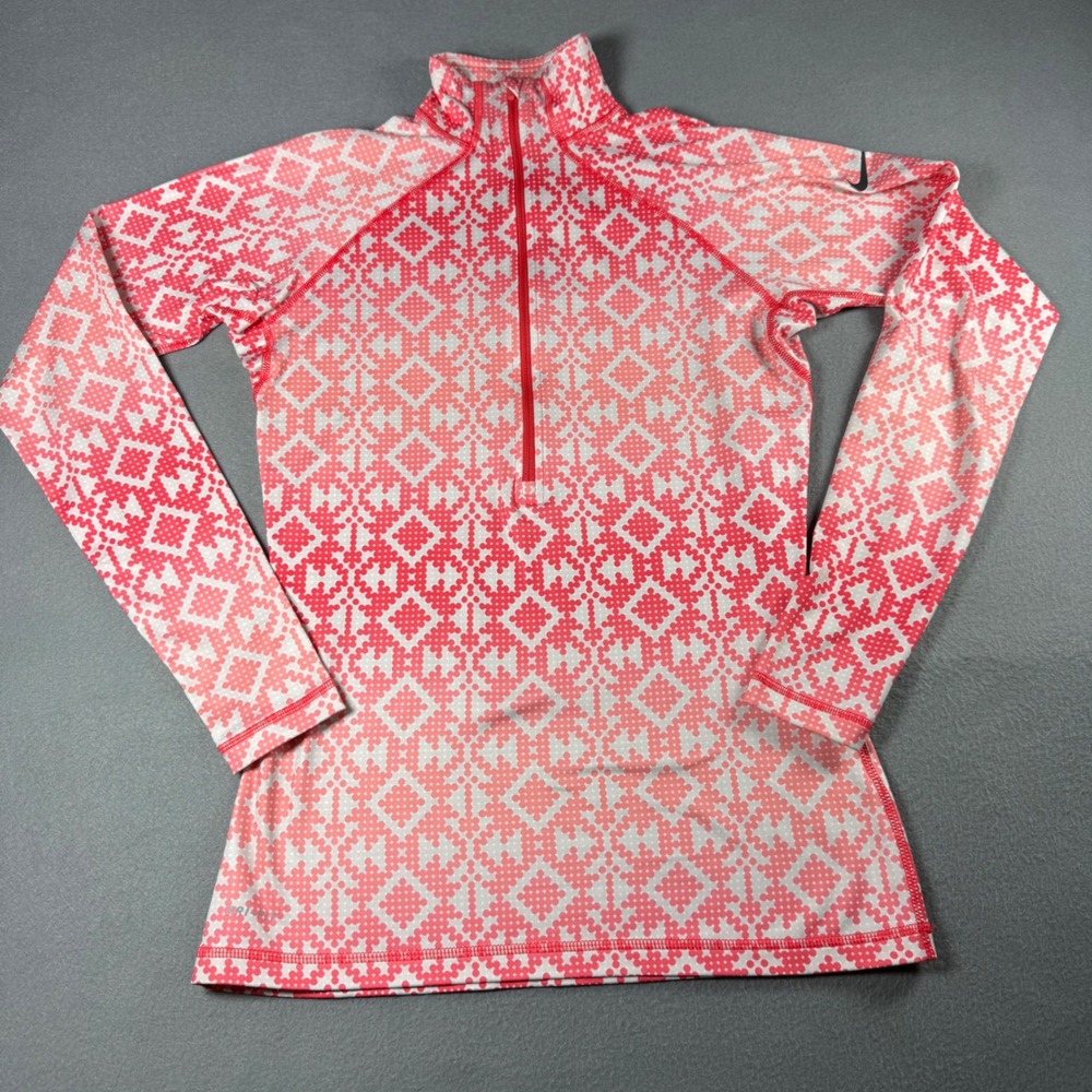 Nike Pro Women Medium 1/4 Zip Long Sleeve Training Top Red White Geometric Dot